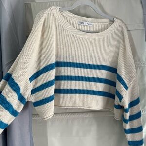 Zara Blue and White Cropped Striped Sweater